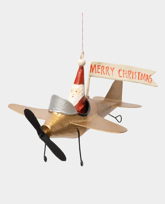 Gold Santa In A Plane Decoration