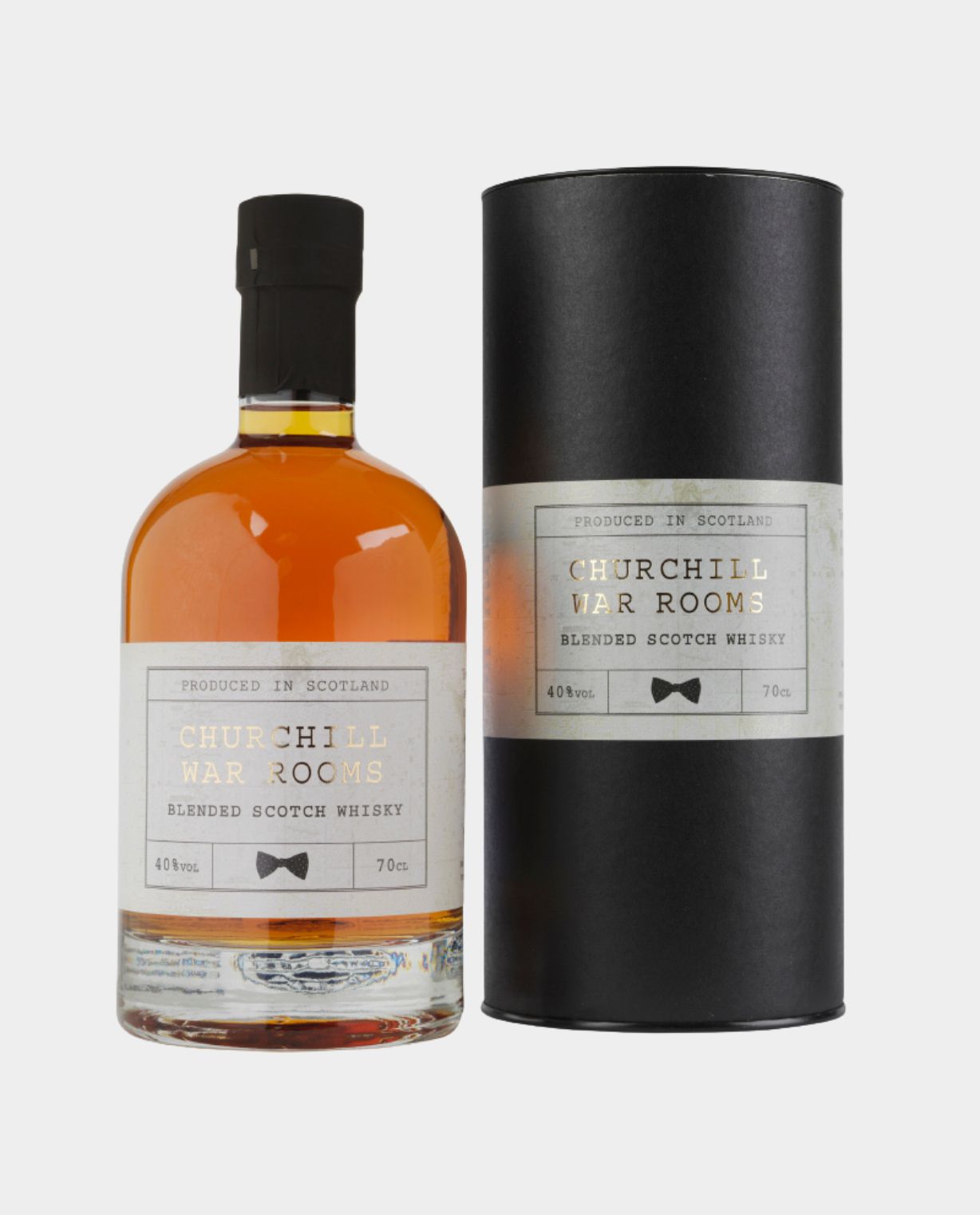 Bottle and cylindrical packaging of Churchill War Rooms blended Scotch whisky on a light gray background