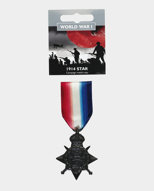 A replica 1914 Star Medal with a red, white, and blue ribbon, mounted on a display card with World War I imagery.