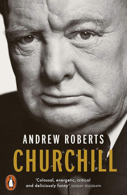 Book cover of 'Churchill' by Andrew Roberts with a black and white portrait of a man.