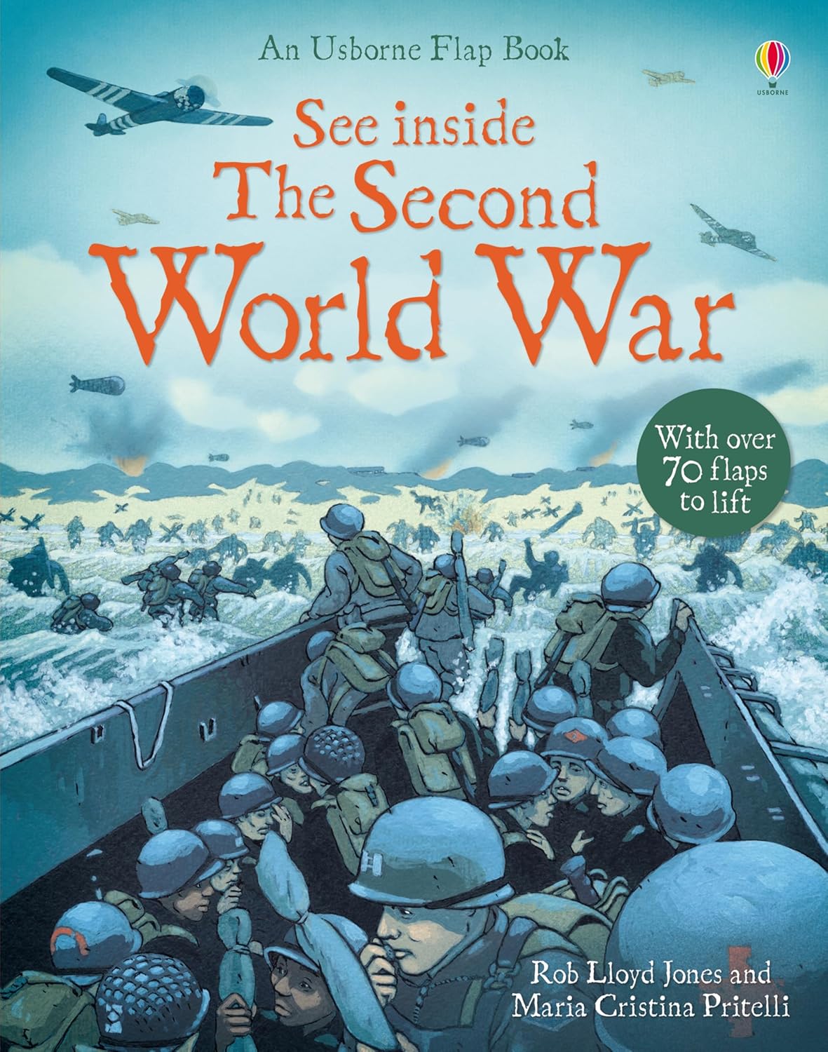 Book cover of 'The Second World War' with soldiers and airplanes, featuring Usborne Flap Book branding.