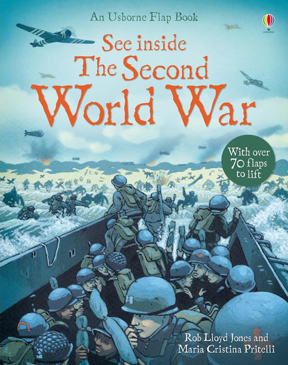 Book cover of 'The Second World War' with soldiers and airplanes, featuring Usborne Flap Book branding.