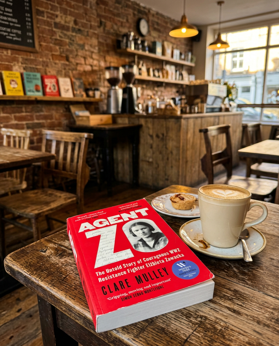 Book titled 'Agent Z0' by Clare Mulley on a wooden table with a coffee cup in a cozy cafe setting.
