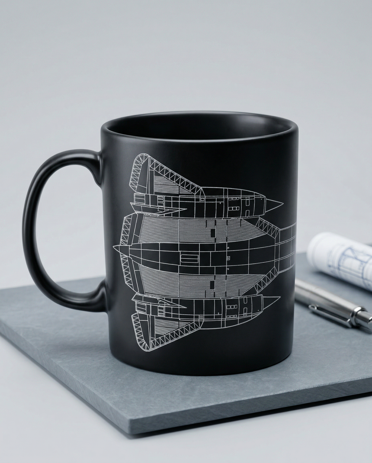 Black mug with white blueprint design on a gray surface