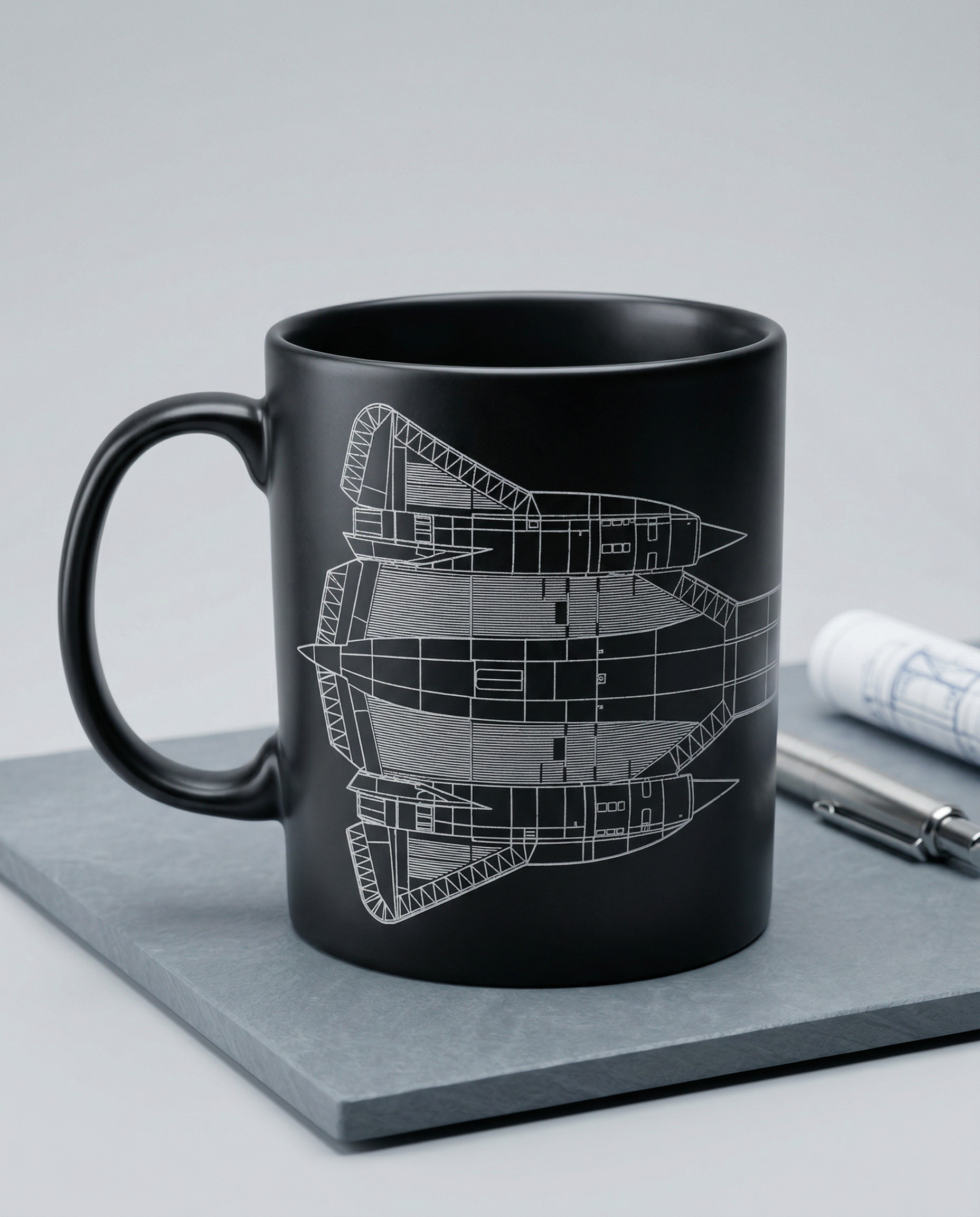 Black mug with white blueprint design on a gray surface