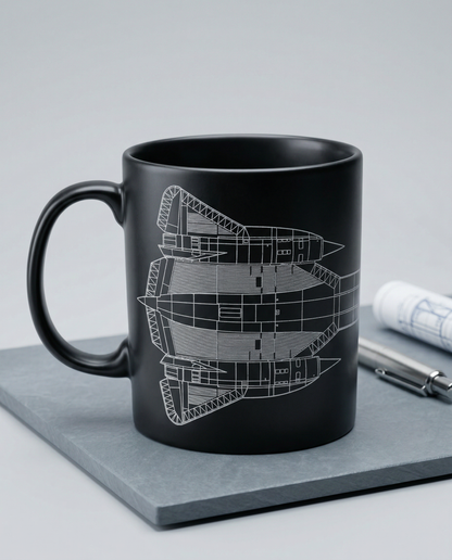 Black mug with white blueprint design on a gray surface