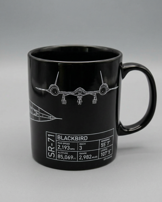 Black mug with SR-71 Blackbird design and specifications on a gray background