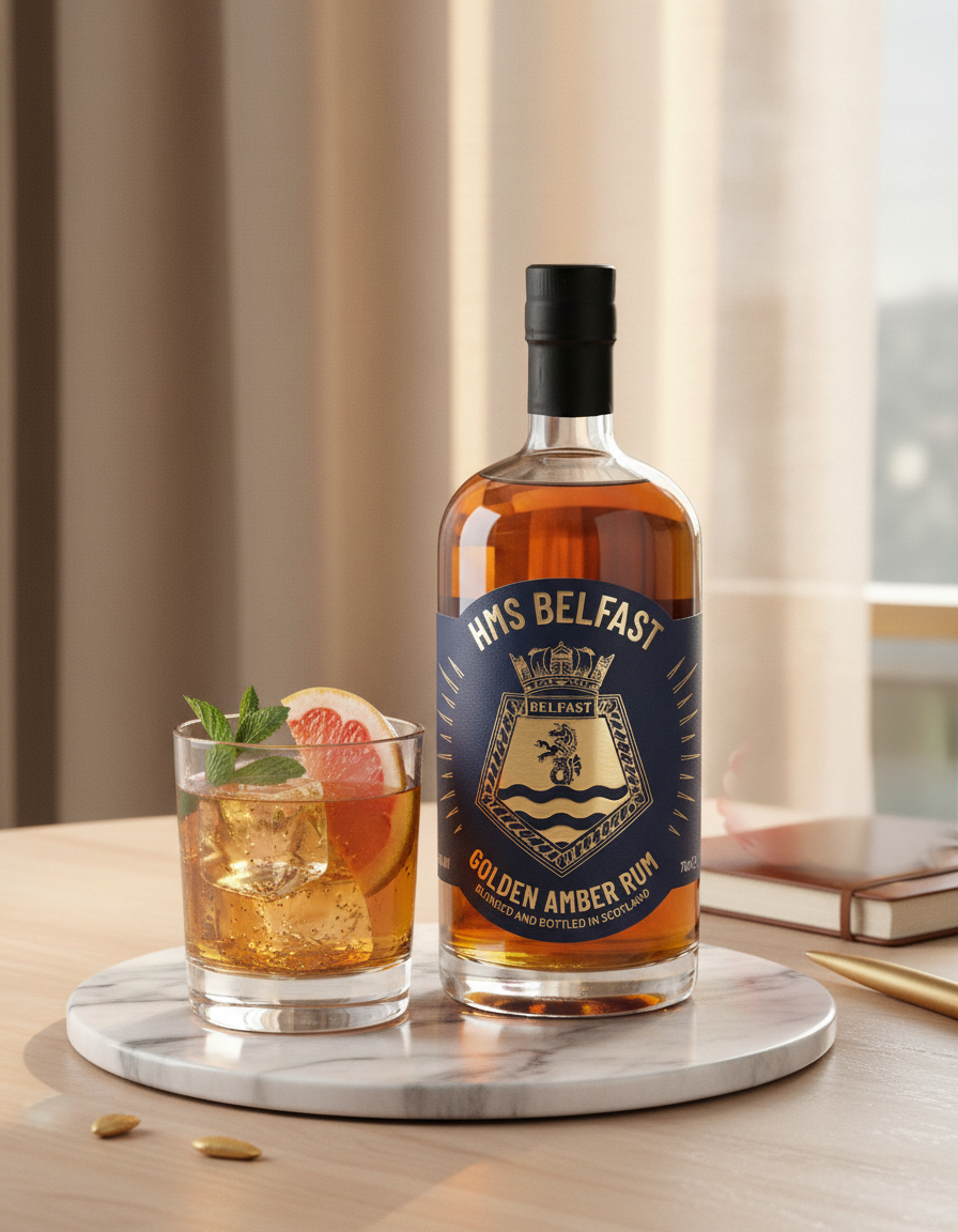 Bottle of HMS Belfast Golden Amber Rum with a glass of cocktail on a wooden table.