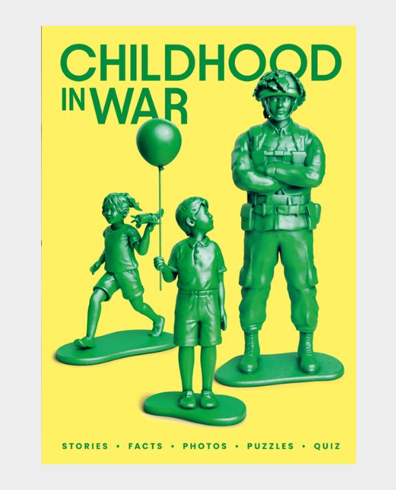 Book cover for 'Childhood in War' featuring green toy soldier and toy child figurines on a bright yellow background, with the title in large green letters at the top.