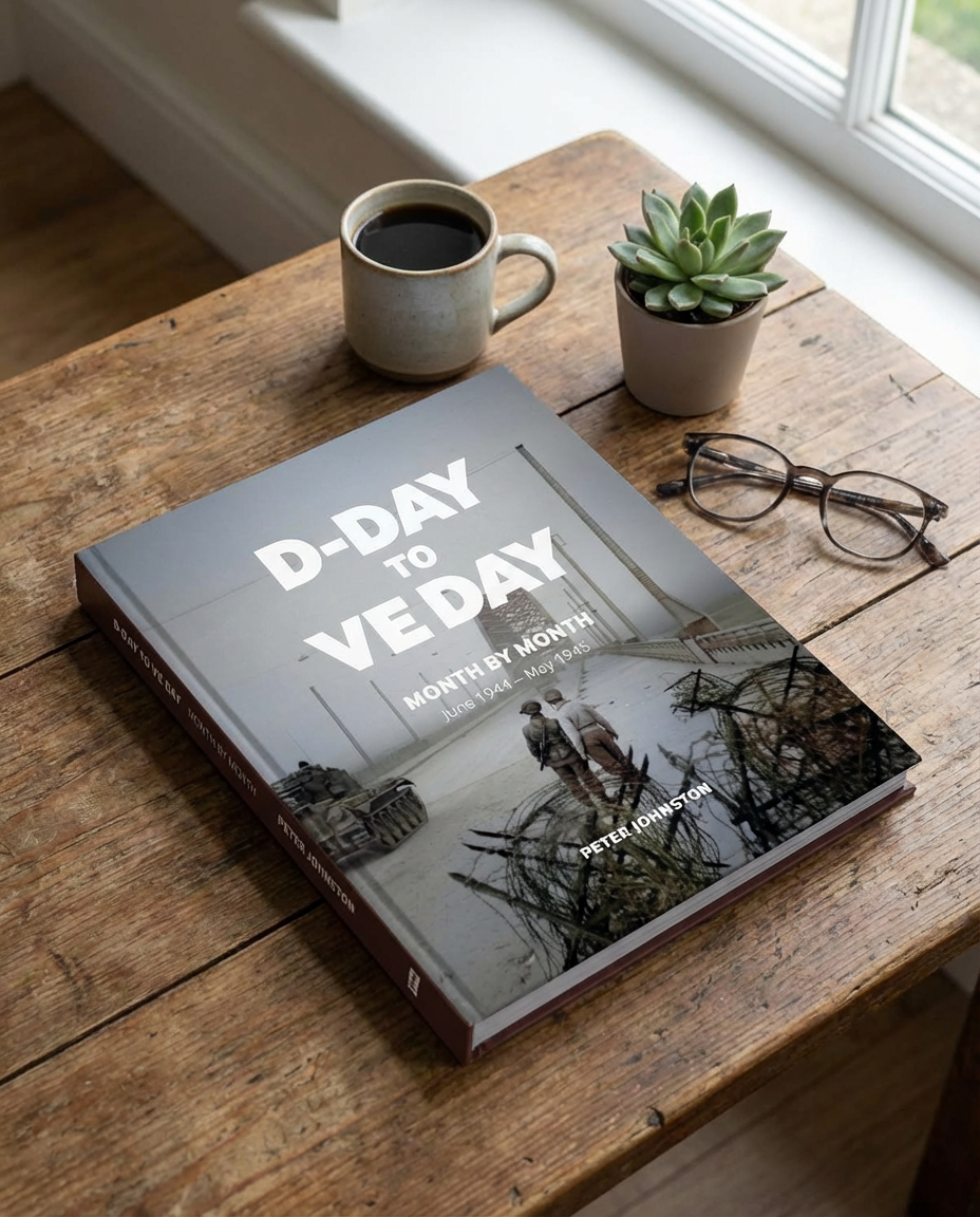 Book titled 'D-Day to VE Day' on a wooden table with a mug and plant.