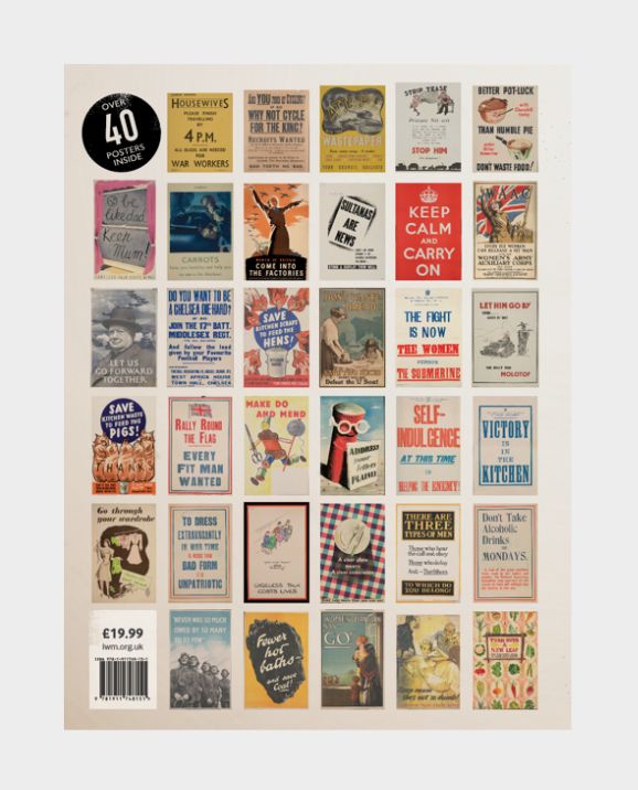 A square art print featuring a grid of vintage British posters and campaign signs, with a black circular badge reading 'Over 40 reproduced posters' and a barcode with the price £19.99 at the bottom left, shown on a light beige background.