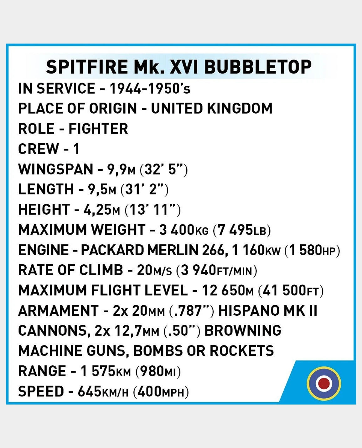 COBI Spitfire MK XVI Bubbletop Brick Set