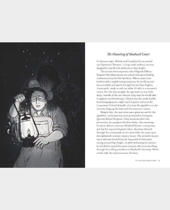 A book page featuring a black-and-white illustration on the left and a text column on the right titled 'The Haunting of Shahabad Court,' with a small publisher mark at the bottom.