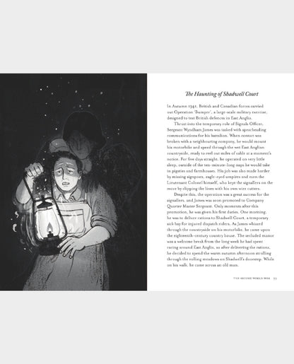 A book page featuring a black-and-white illustration on the left and a text column on the right titled 'The Haunting of Shahabad Court,' with a small publisher mark at the bottom.