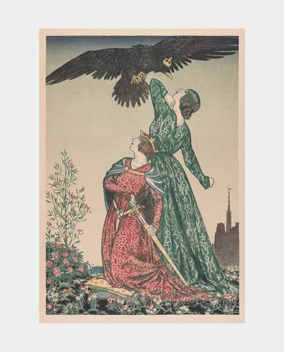 A lithograph featuring allegorical figures of England and France in medieval dress, defending against a swooping black eagle of Germany.