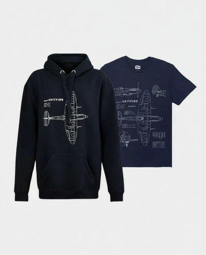 Black Spitfire Hoodie with White Spitfire Blueprint Design and Navy Blue Spitfire T-Shirt with White Spitfire Blueprint Design.