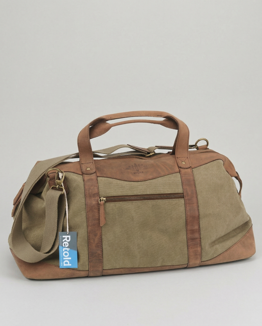 Green and brown duffel bag with a visible brand tag on a light gray background