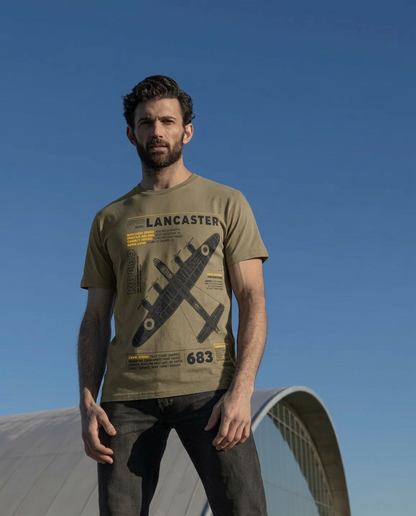 Man wearing a t-shirt with an airplane design and text against a clear blue sky.