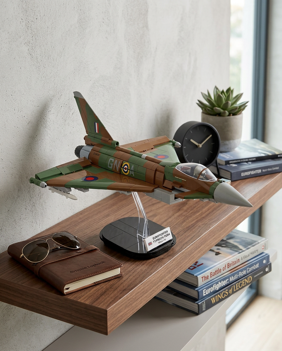 Model airplane on a wooden shelf with books and a plant in the background
