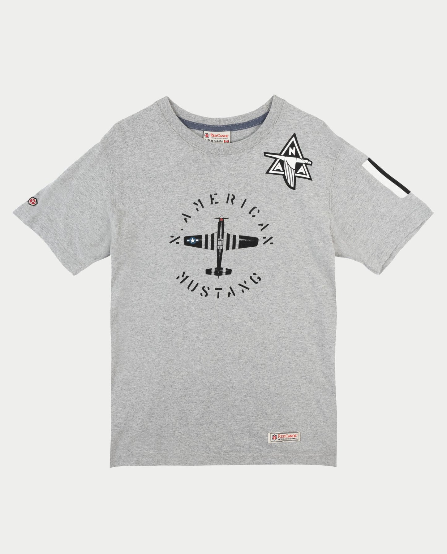 Gray t-shirt with black graphic design on a white background