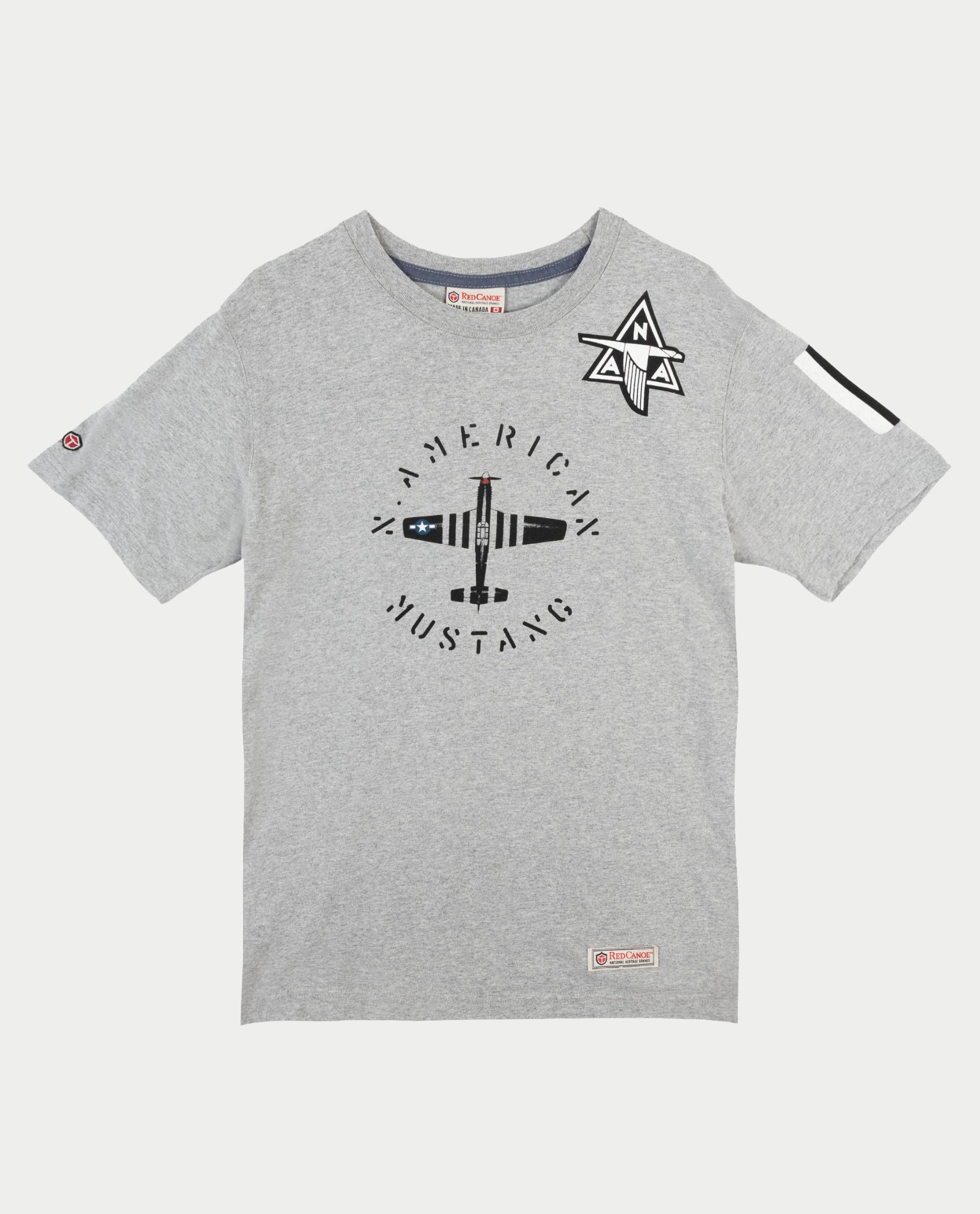 Gray t-shirt with black graphic design on a white background
