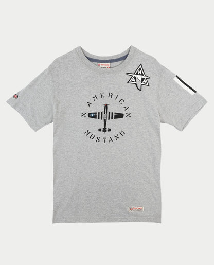 Gray t-shirt with black graphic design on a white background