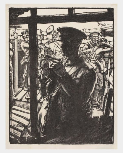 A lithograph by Eric Kennington depicting a soldier in the foreground putting on a gas mask, with other soldiers in the background receiving assistance.