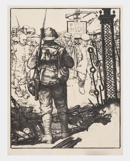 A black and white lithographic print of a British soldier from behind, watching over captured German prisoners being led towards a field dressing station, with various equipment scattered around.