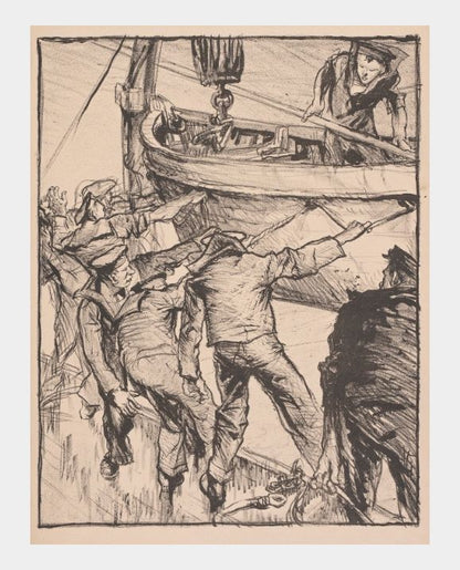 A lithograph by Frank Brangwyn depicting six sailors on the deck of a ship, energetically pulling on the ropes of a lifeboat, with another sailor inside the boat, guiding the operation.