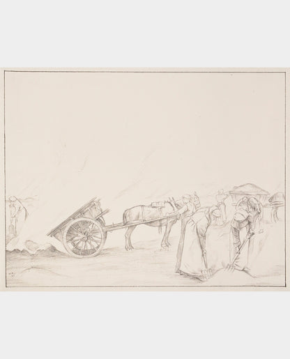 A pencil sketch by William Rothenstein depicting a scene of farmers burning couch-grass in a field, with a cart and a horse visible in the background.