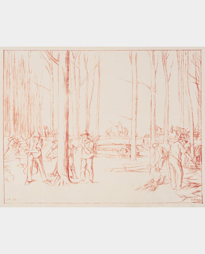 A lithograph by William Rothenstein depicting a group of workers in a forest environment, engaged in hauling timber.