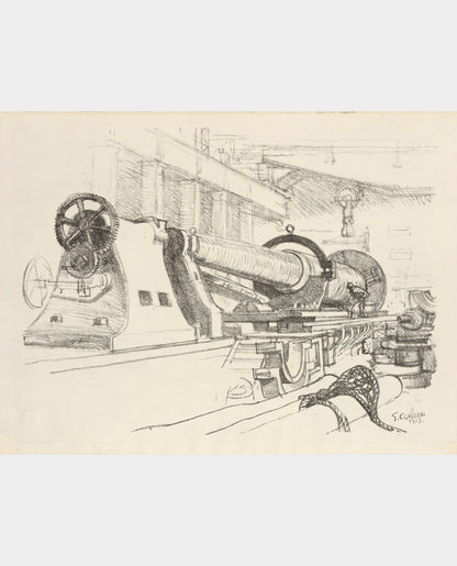 A lithograph by George Clausen depicting a large gun being manufactured with a small figure of a worker in the foreground.