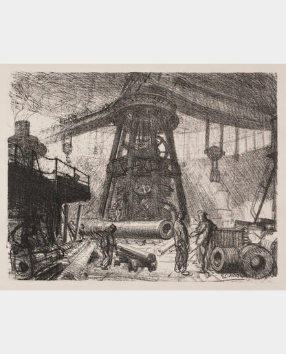 A black and white print depicting a large radial crane in a workshop setting, with figures attending to its operation and maintenance.