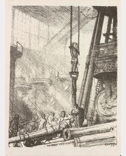 A black and white lithograph print depicting a scene in a factory with a large crane lifting an inner tube, with several workers and machinery in the background.