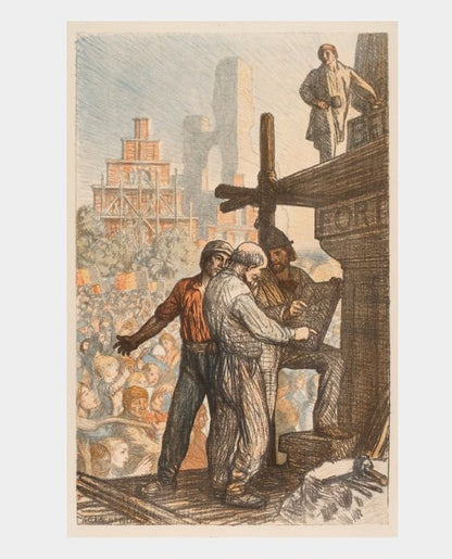 A historical illustration print depicting a scene of reconstruction with people working amidst ruins, title 'Clausen The Reconstruction of Belgium' from the Efforts and Ideals series.