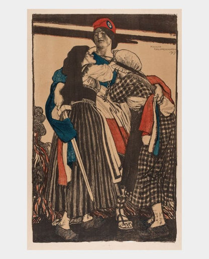 A vintage print featuring two figures, one depicting the personification of Alsace and the other of Lorraine, with a standing figure representing France, extending a hand of welcome. The print is in a sepia tone with highlights in color.