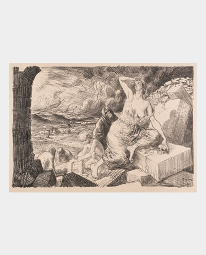 A black and white lithographic print of a female figure amidst ruins, with a child building and death in the background.