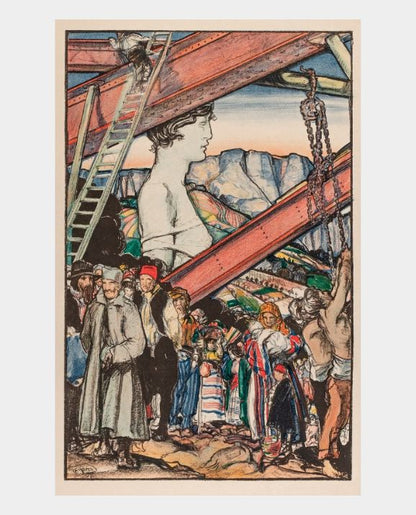 A lithographic print depicting a scene with a large sculpted head supported by metal lines, with people in traditional Serbian attire gathered around. The background features a mountainous landscape.