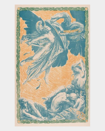 A lithographic print featuring a winged figure representing Italy confronting a double-headed eagle, with other figures below. The print has a blue and orange color scheme with intricate details and a border.