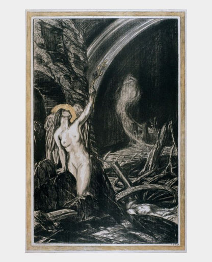A black and white lithograph of a nude female figure with a sprig of bay leaves, standing in a ruination with a rainbow above her head, symbolizing the arts and hope.