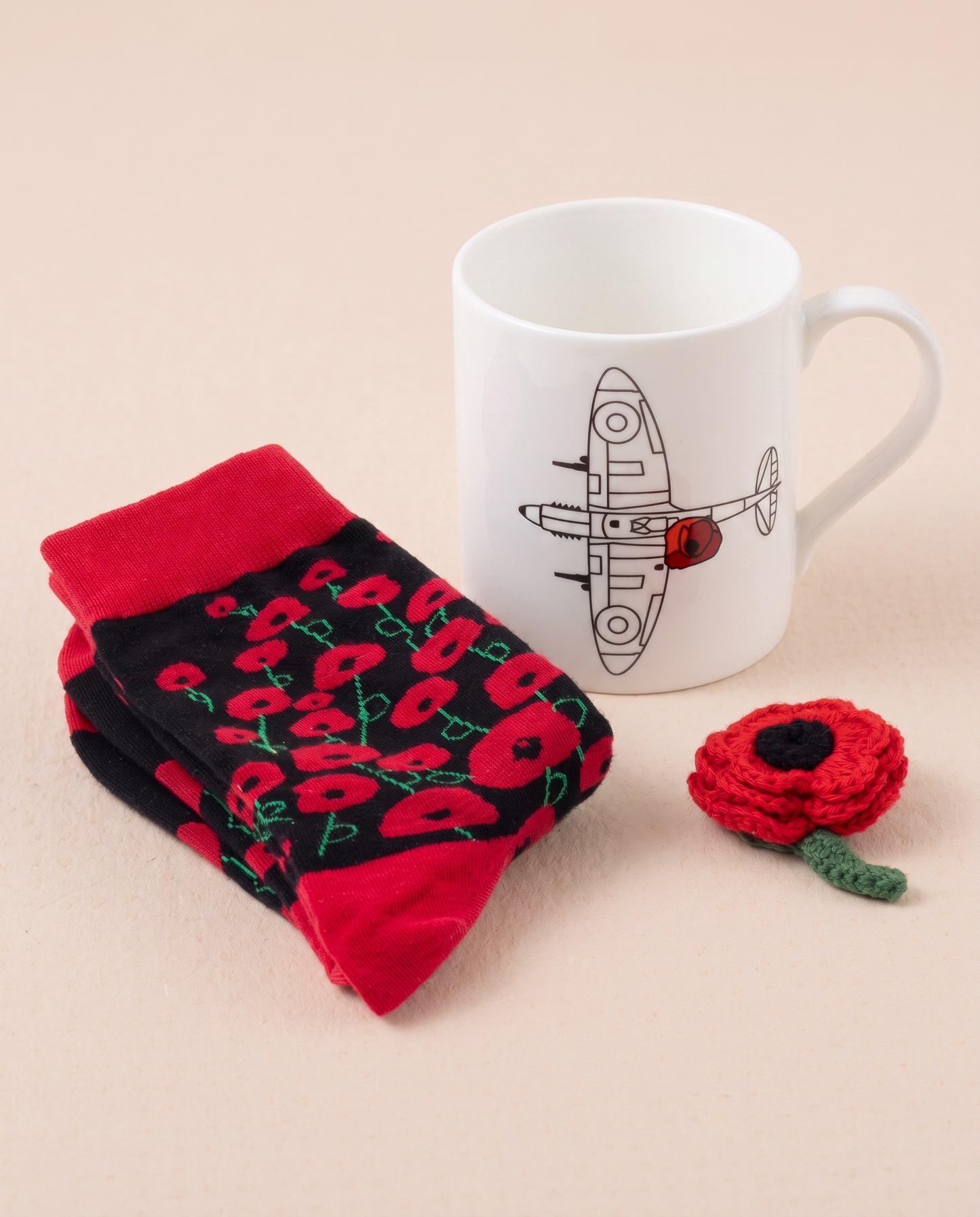 Poppy Socks, Brooch and Spitfire Mug Gift Set