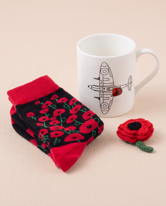 Poppy Socks, Brooch and Spitfire Mug Gift Set