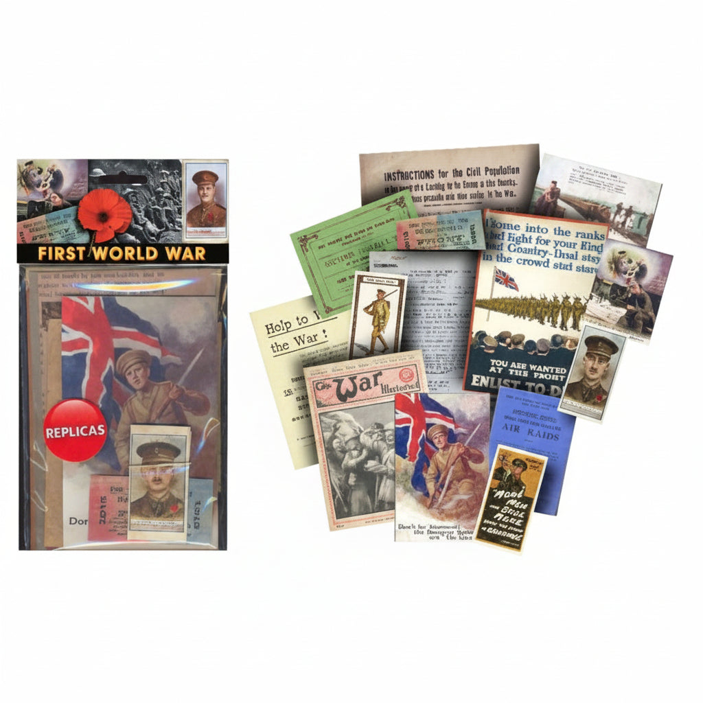 Collection of First World War-themed items including books and cards on a white background