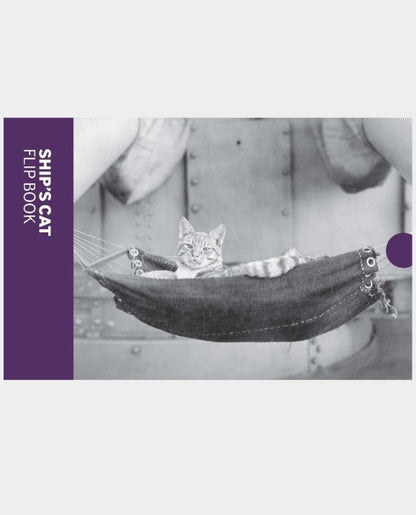 Cat in a hammock with a person's arm, titled 'Ship's Cat Flip Book'.