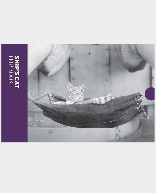 Cat in a hammock with a person's arm, titled 'Ship's Cat Flip Book'.