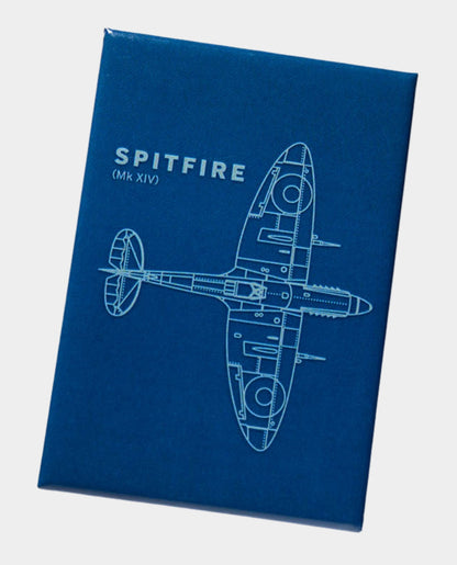A blue refrigerator magnet featuring a white silhouette of the Supermarine Spitfire XIV aircraft.