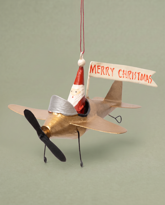 Gold Santa In A Plane Decoration