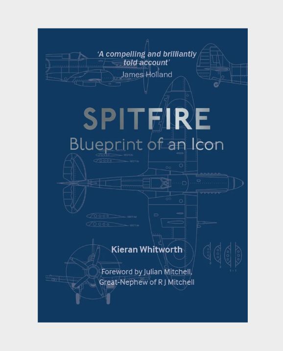 Book cover for 'Spitfire: Blueprint of an Icon' by Kieran Whitworth, featuring white aircraft blueprint drawings on a dark blue background.