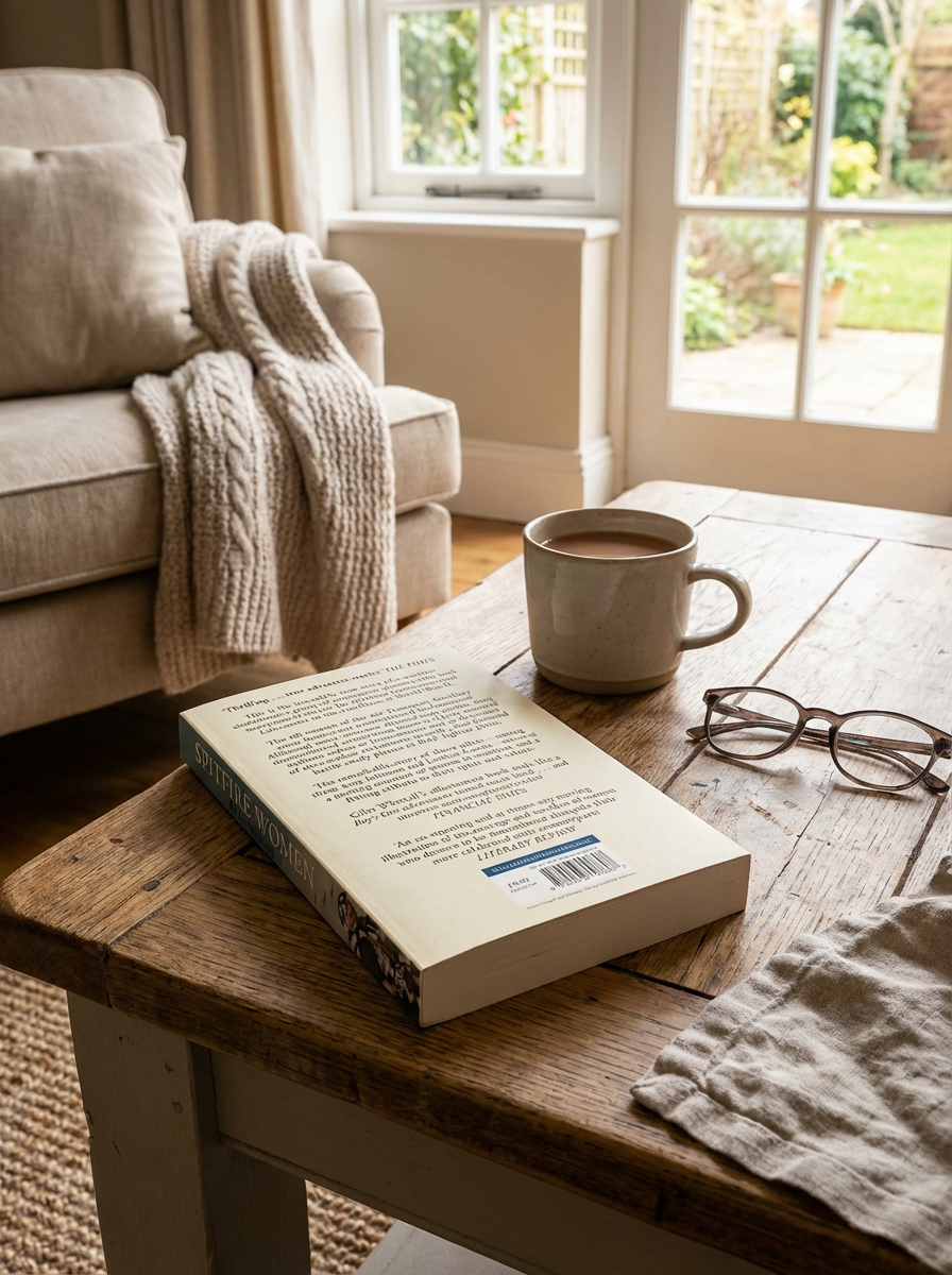 Book, mug of coffee, and glasses on a wooden table in a cozy living room.