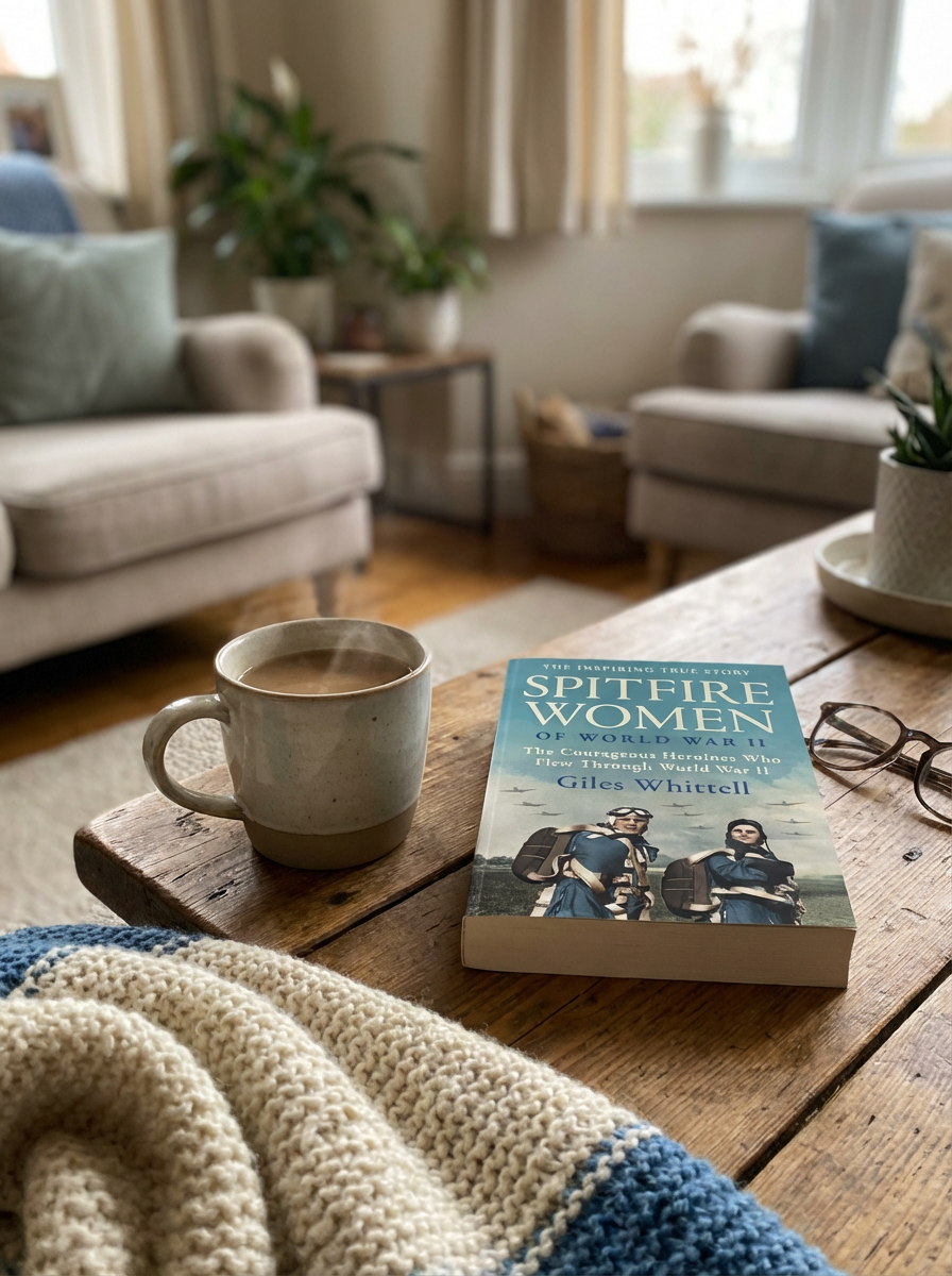Book titled 'Spitfire Women' on a wooden table with a cup of coffee and a blanket in a cozy living room.
